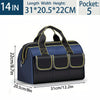 A navy blue tool organizer bag with multiple pockets shown from the top, featuring a handle and various compartments.