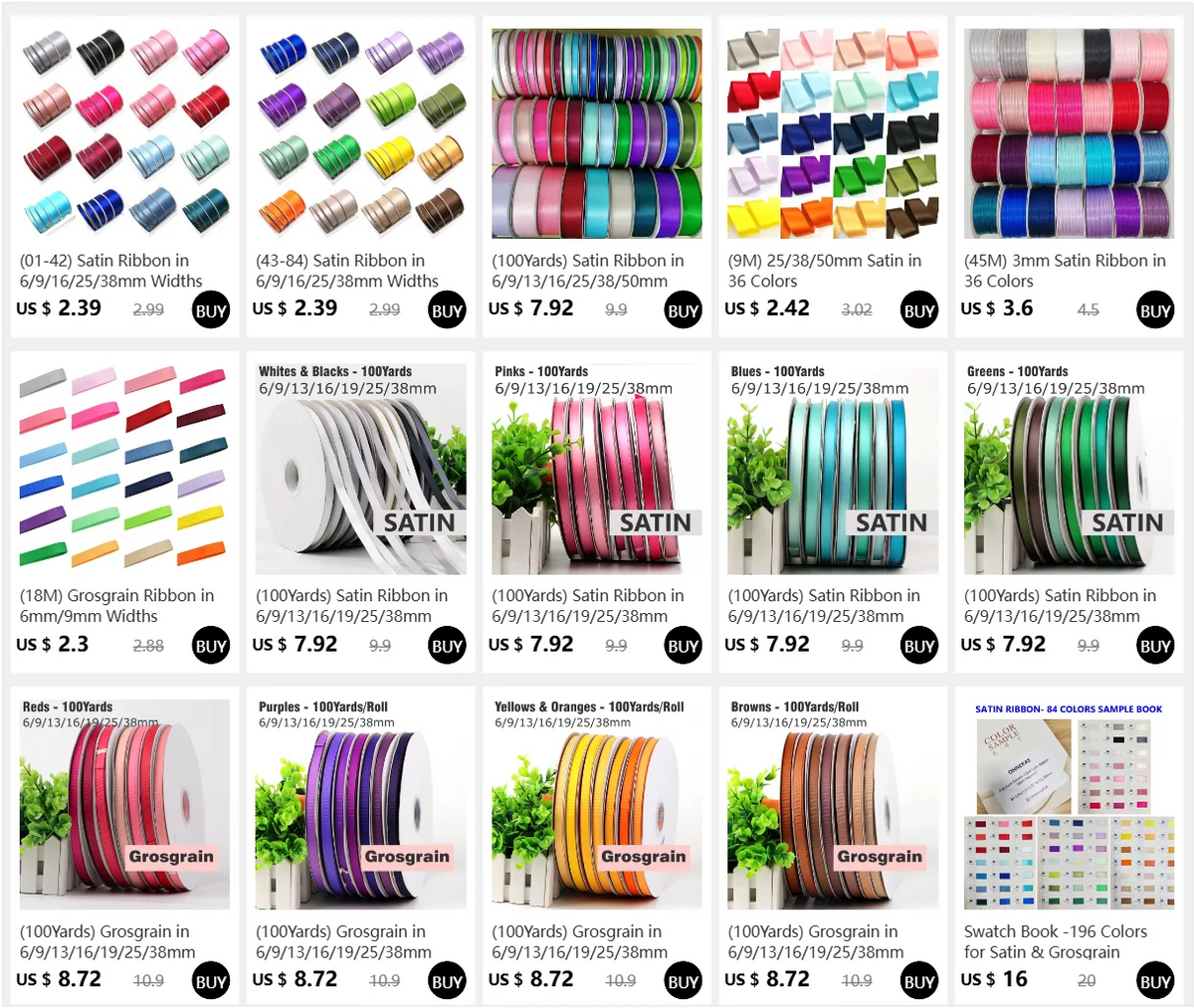 A collection of double face satin ribbon in various solid colors and widths, including pink, blue, green, and black.