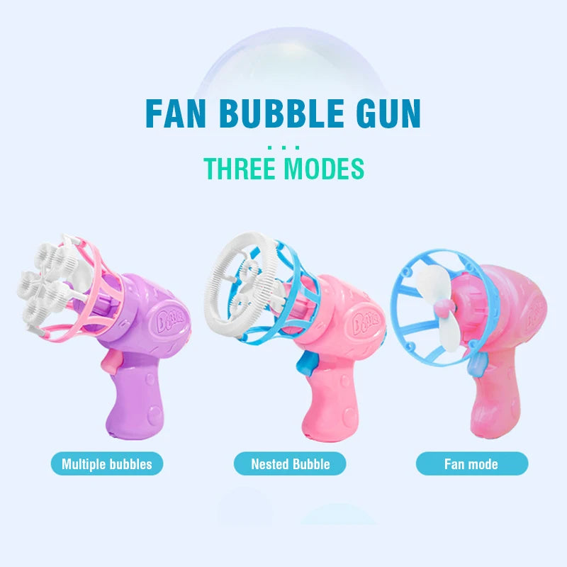 A pink and purple fan bubble gun with three modes: multiple bubbles, nested bubble, and fan mode.