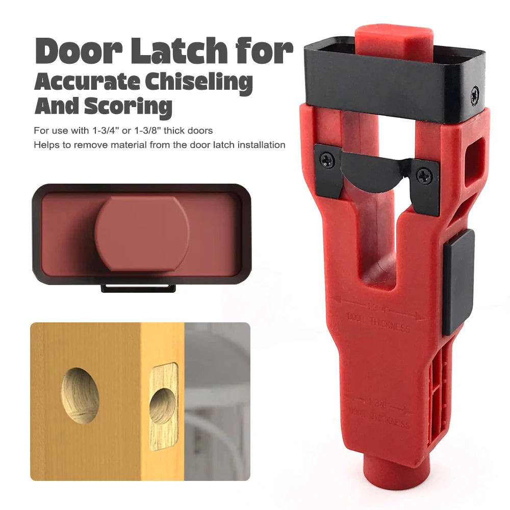 A red door latch tool designed for accurate chiseling and scoring of door installations.
