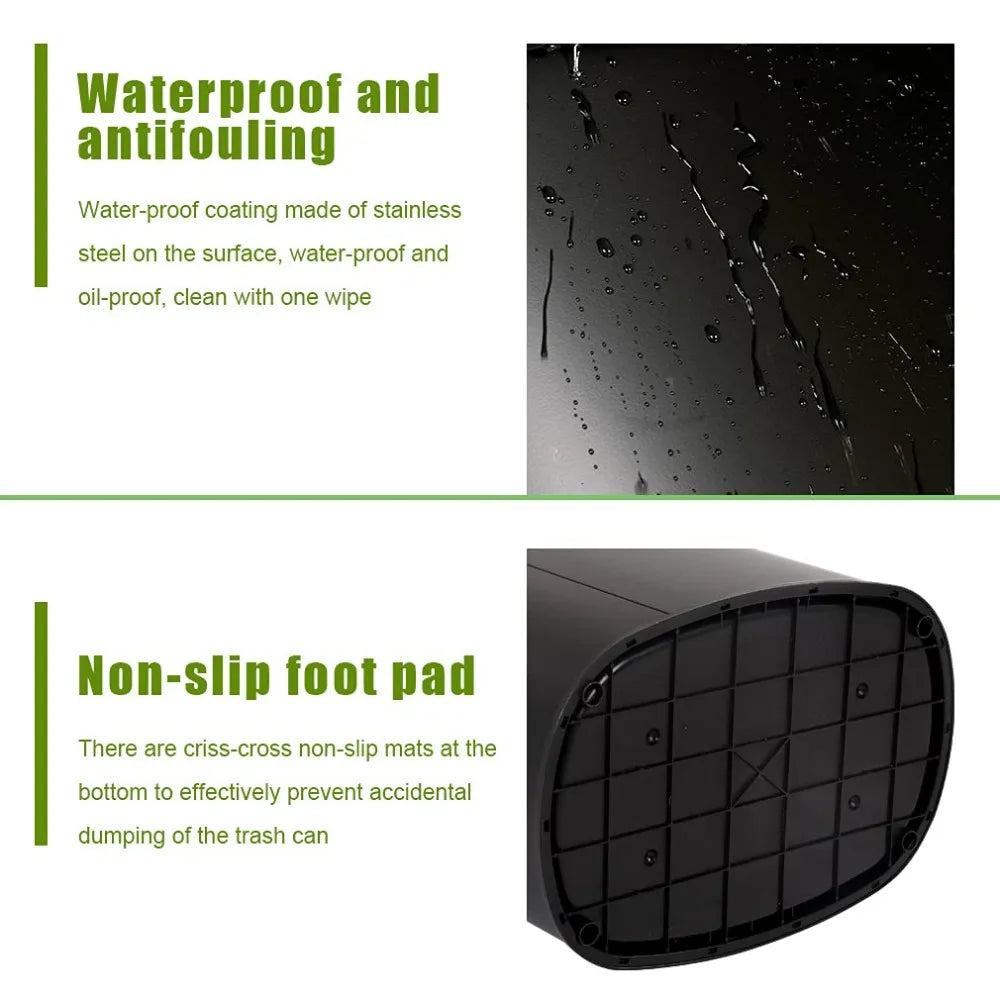 A black automatic touchless trash can with a non-slip foot pad.