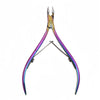 A pair of professional stainless steel cuticle nippers with purple and silver handles.