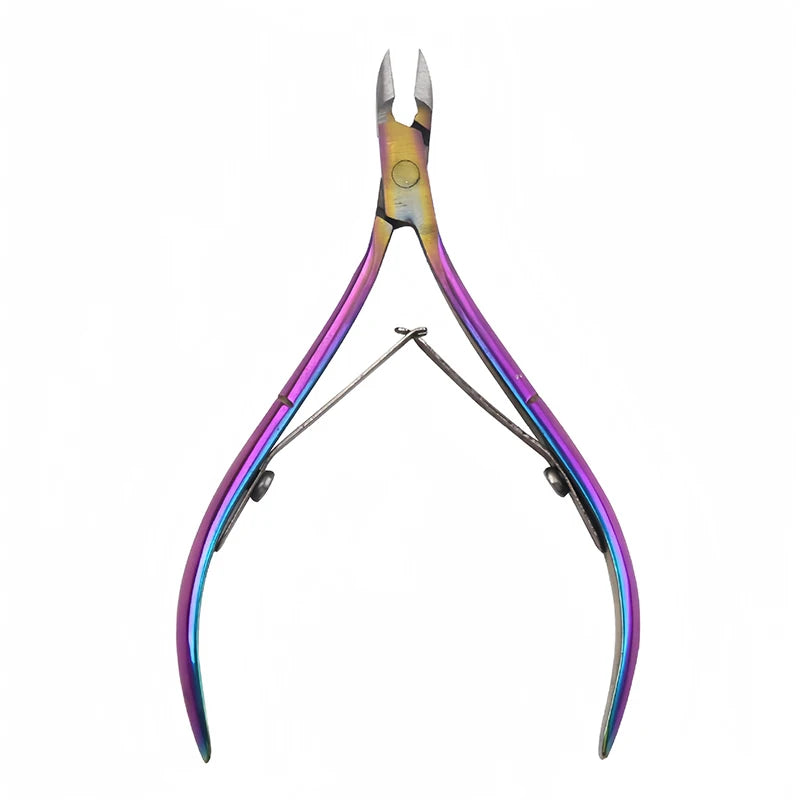 A pair of professional stainless steel cuticle nippers with purple and silver handles.