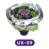 A silver and green metal spinning top battle toy with a purple dragon design and launcher.