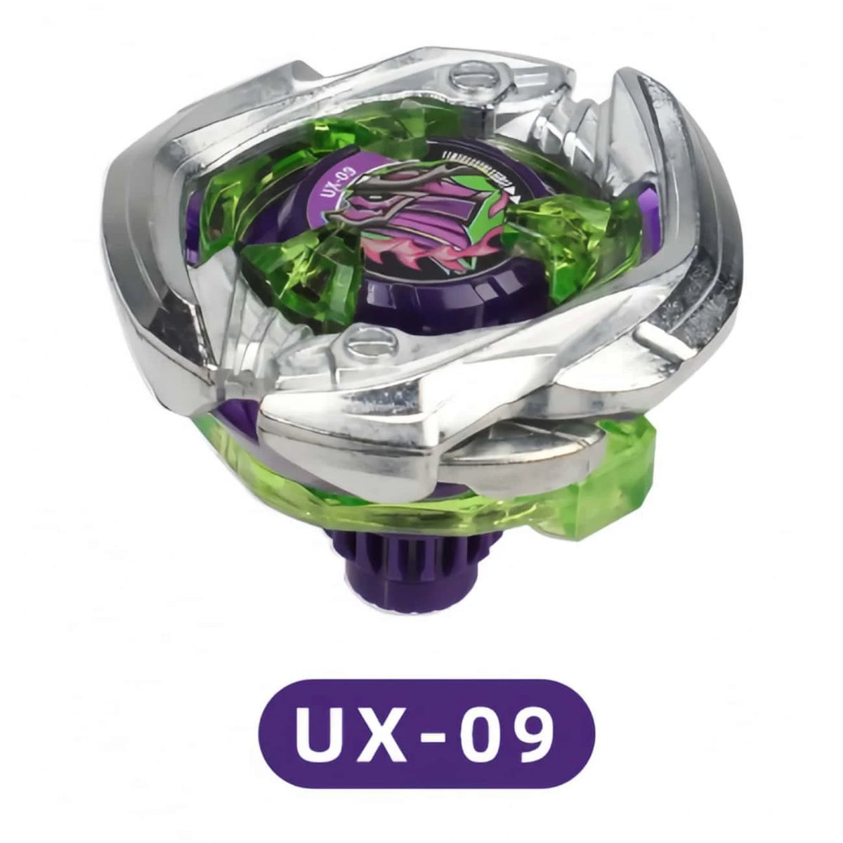 A silver and green metal spinning top battle toy with a purple dragon design and launcher.