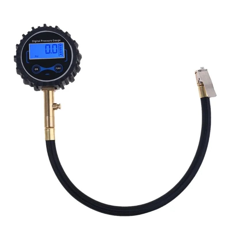 A digital tire pressure gauge with a quick-connect air chuck and black hose.