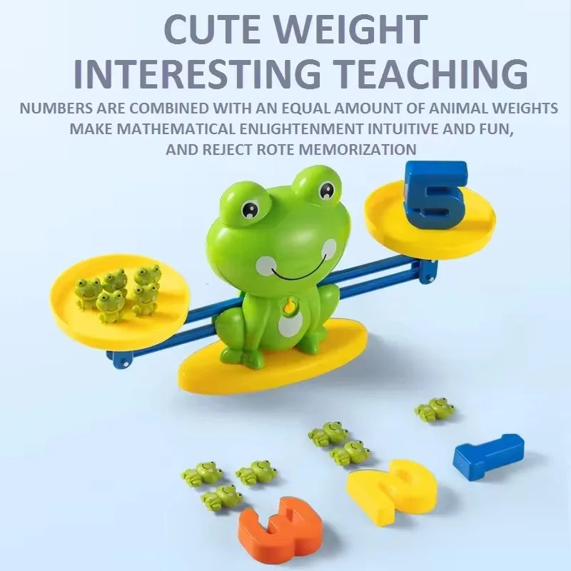 A green frog toy is balanced on a yellow platform, demonstrating math concepts for children.