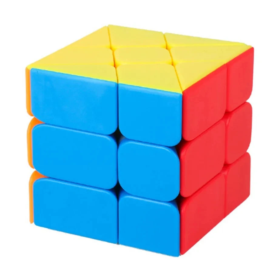 A stack of colorful, interlocking cube puzzle pieces in yellow and blue are shown.