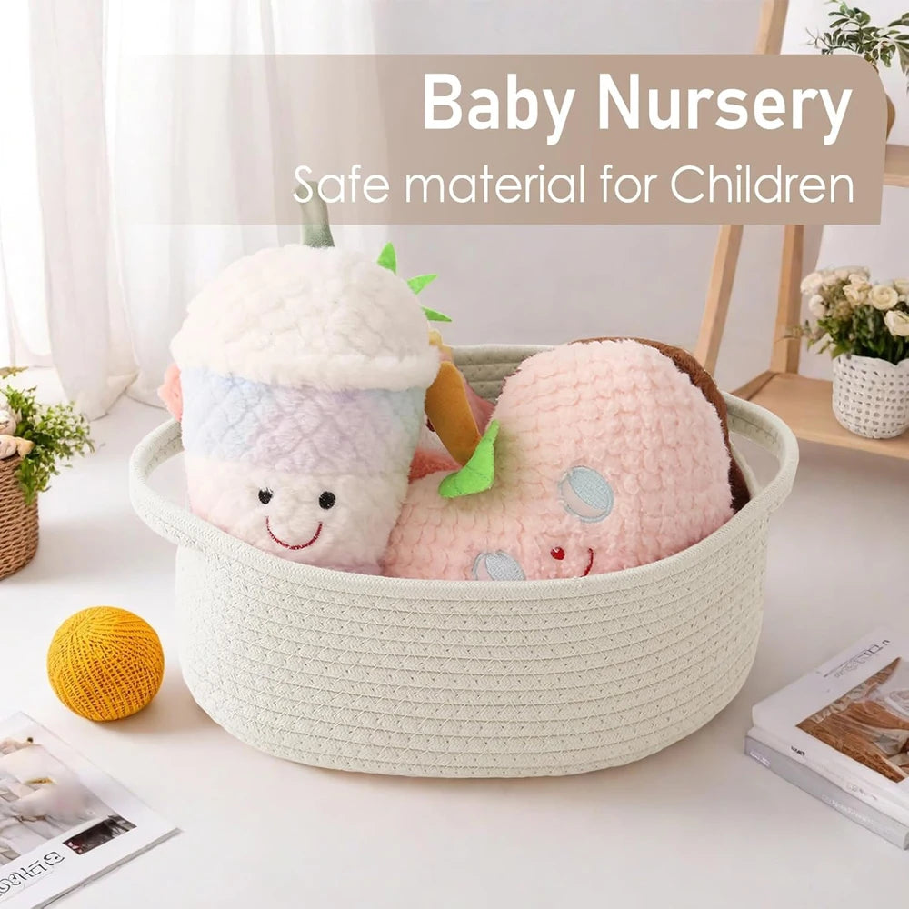 A light beige handwoven rope storage basket filled with soft, fluffy baby toys for children.