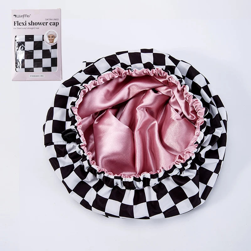 Satin-Lined Wide Shower Cap with Adjustable Fit
