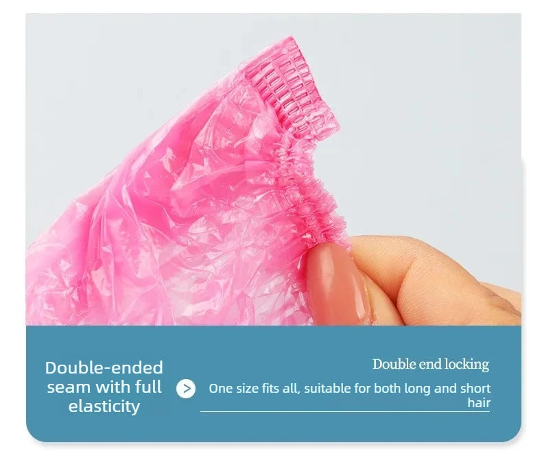 Pink disposable waterproof shower cap with a double-ended seam and full elasticity