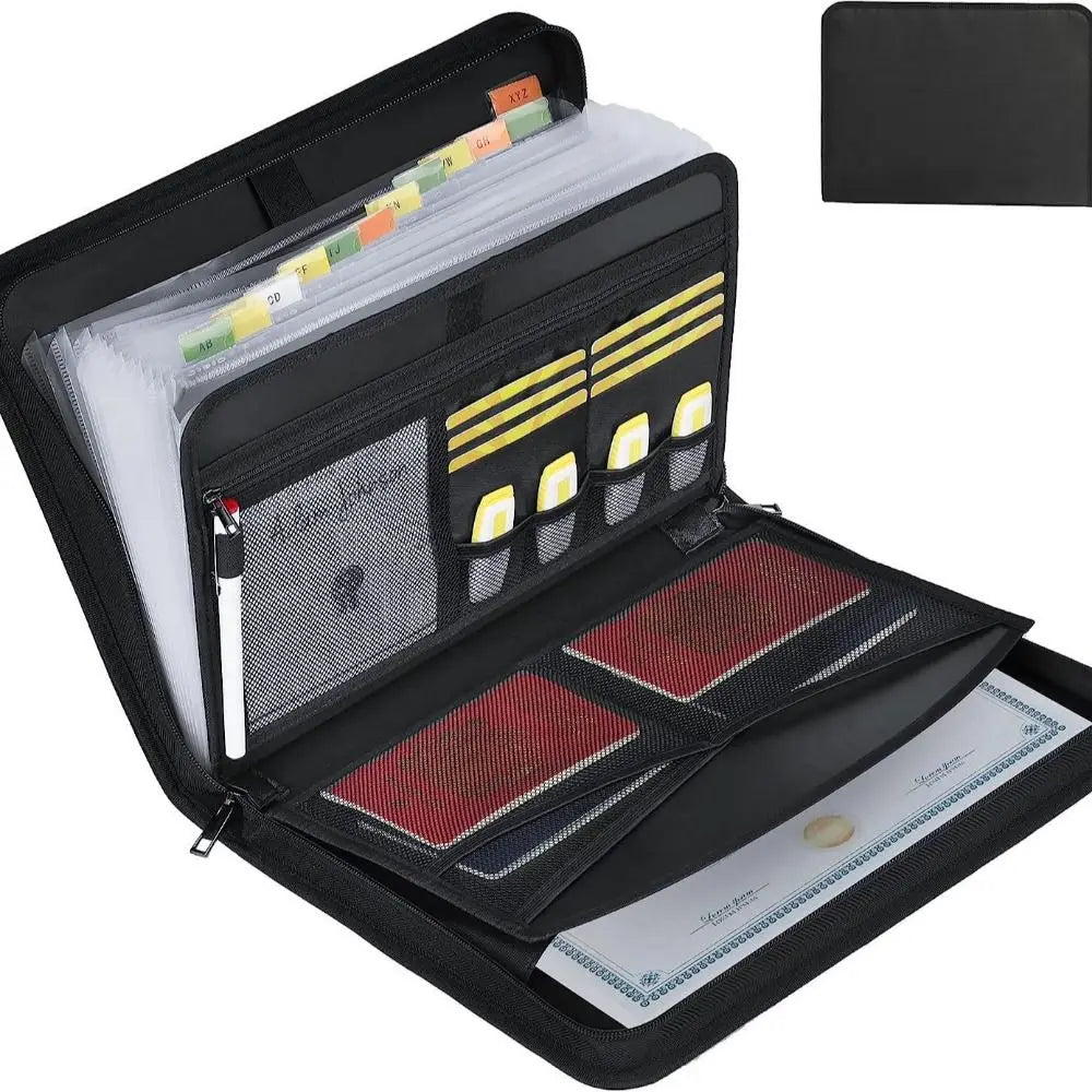 Black fireproof and waterproof expanding file organizer with multi-pocket accordion design