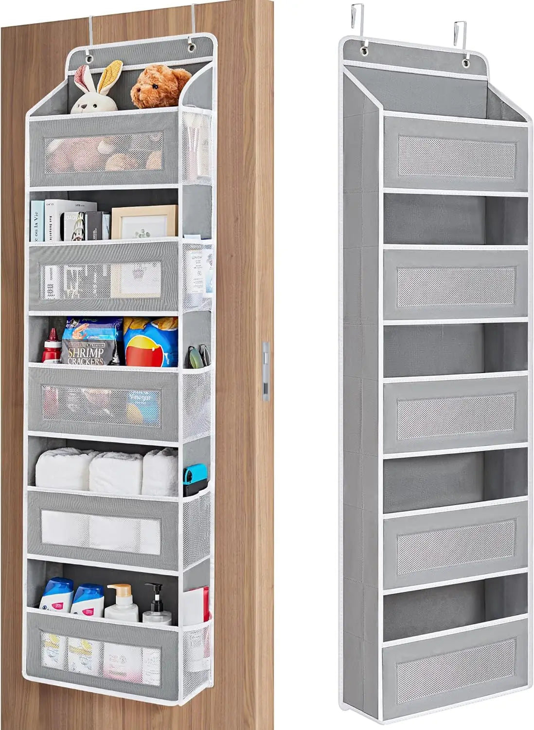 A tall gray over-the-door hanging organizer with five mesh pockets for storage.