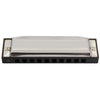 Silver harmonica with a black case and ten holes