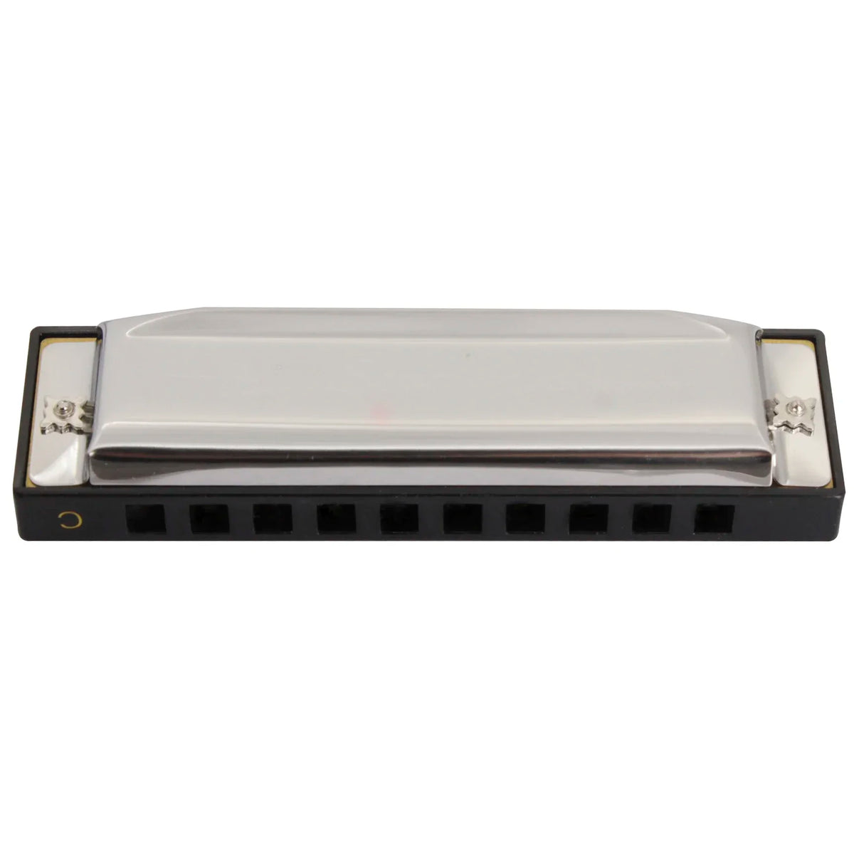Silver harmonica with a black case and ten holes