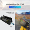 A black intelligent solar car TPMS device is shown next to a USB cable, with an image of it charging a car tire.