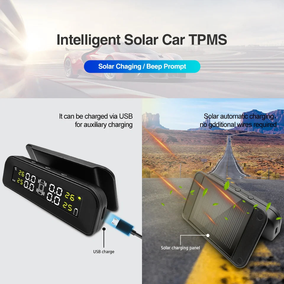 A black intelligent solar car TPMS device is shown next to a USB cable, with an image of it charging a car tire.