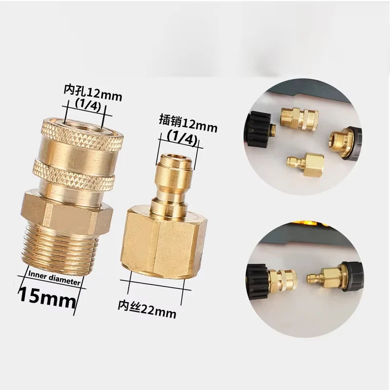 Brass pressure washer adapter kit showing M22 to quick connect fittings and various sizes.