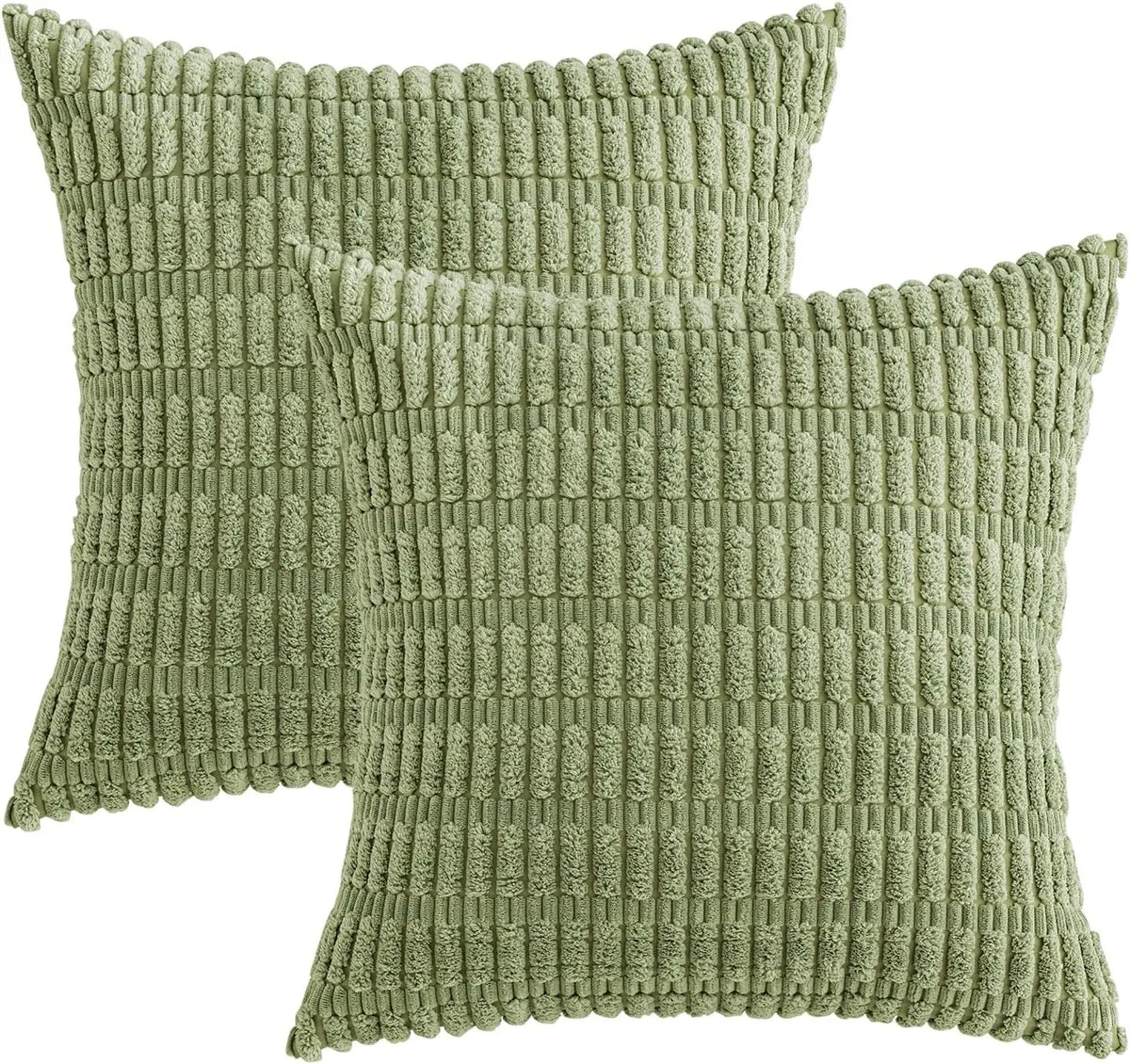 A set of two olive green corduroy throw pillow covers with a vertical ribbed texture.