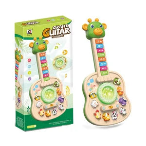 Une boîte et une guitare en forme de tête de girafe en plastique coloré pour jeu éducatif d'enfants