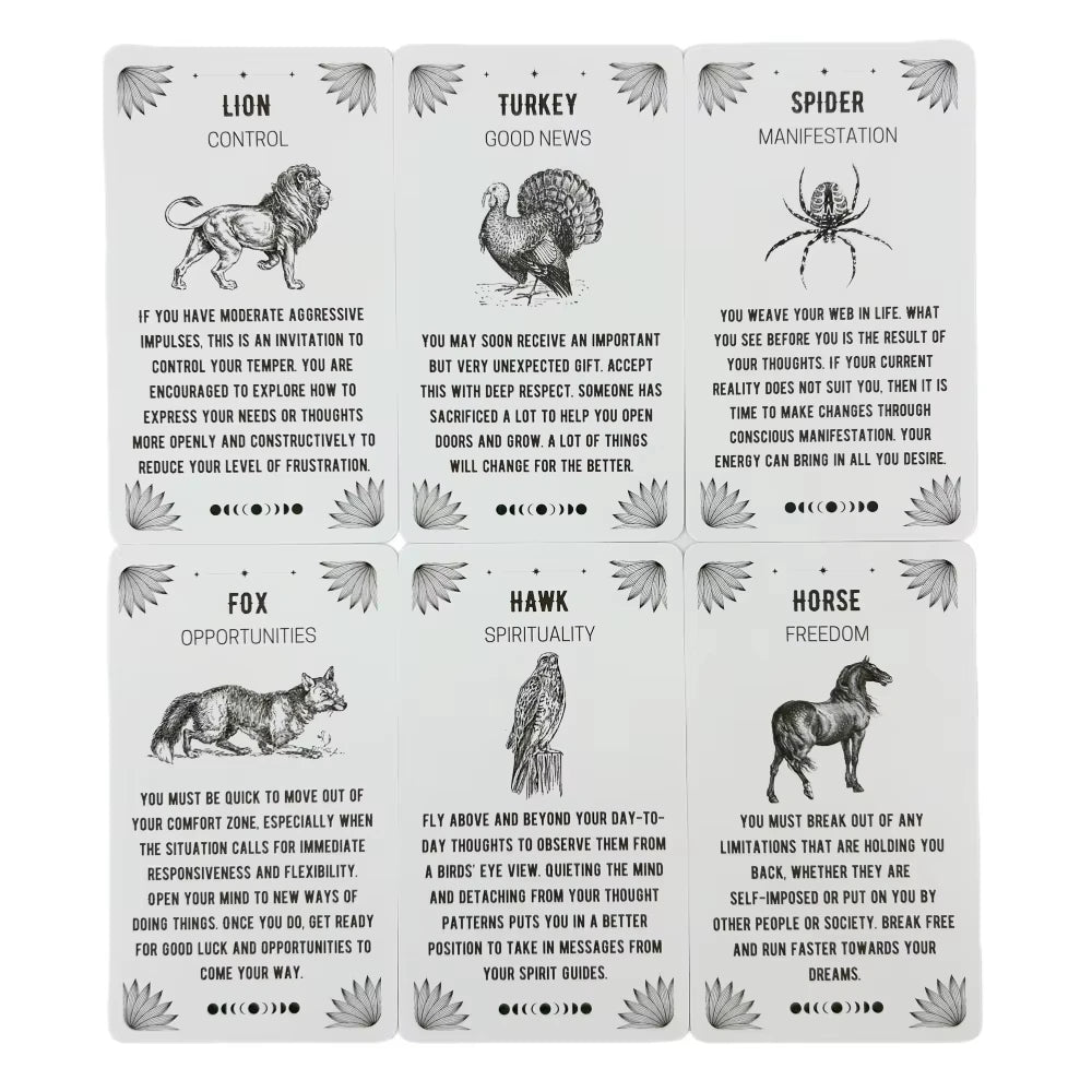 A set of five oracle cards featuring different spirit animals like Lion, Turkey, Spider, Fox, Hawk, and Horse for guidance.