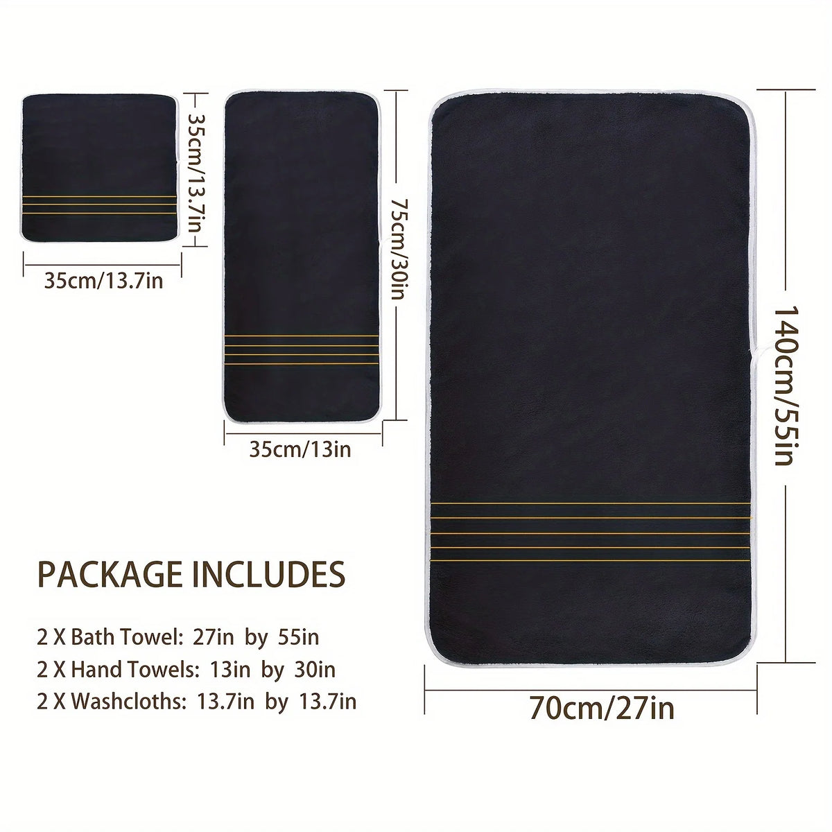 A set of black bath towels, hand towels, and washcloths with gold accents, packaged for sale.