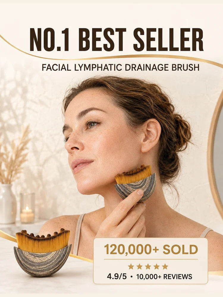 A woman is holding a facial lymphatic drainage brush with natural bristles and a wooden base.