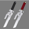 A cosplay katana featuring an inverted spear design with a black grip and red wrapping.