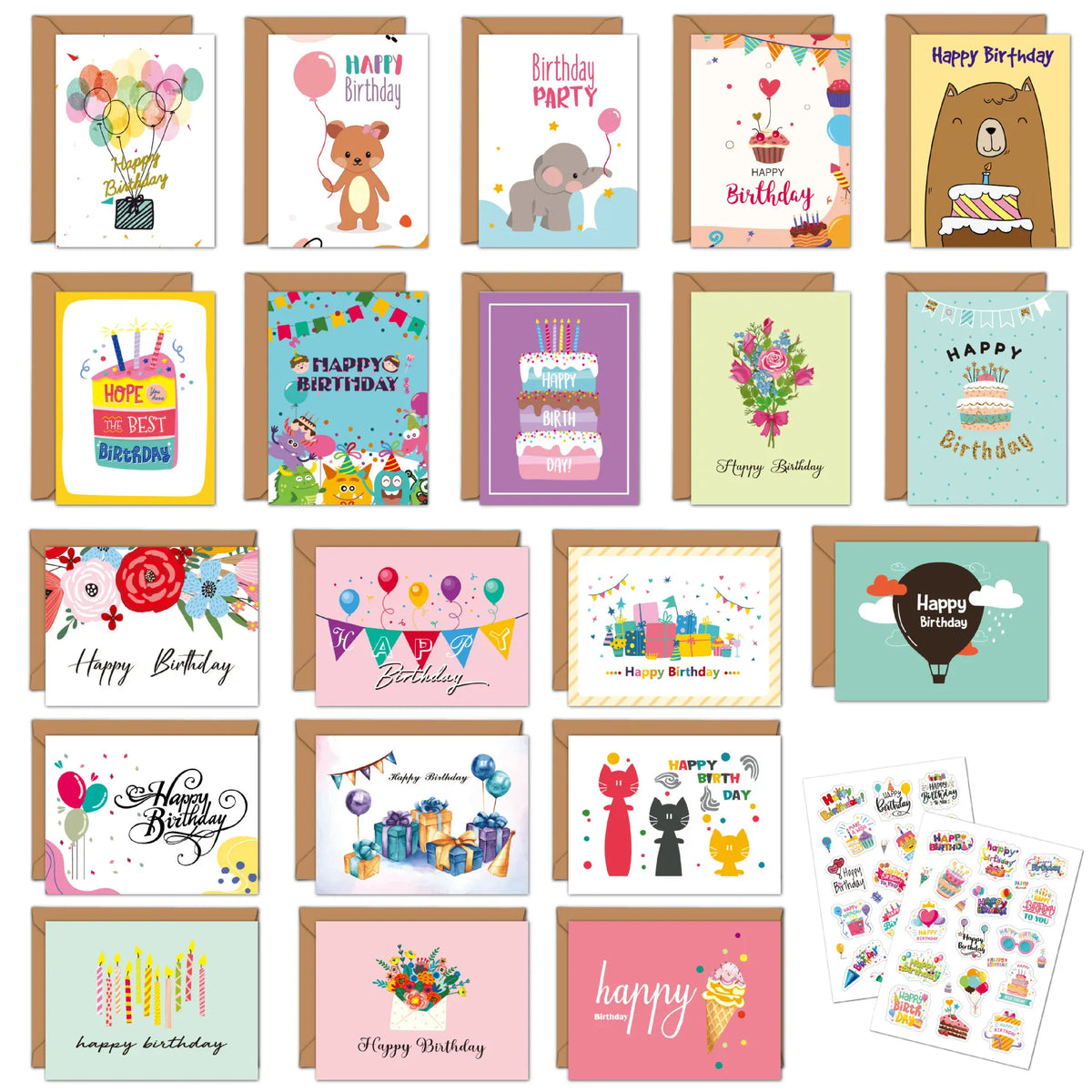 Set of 20 Happy Birthday Cards with Envelopes and Stickers