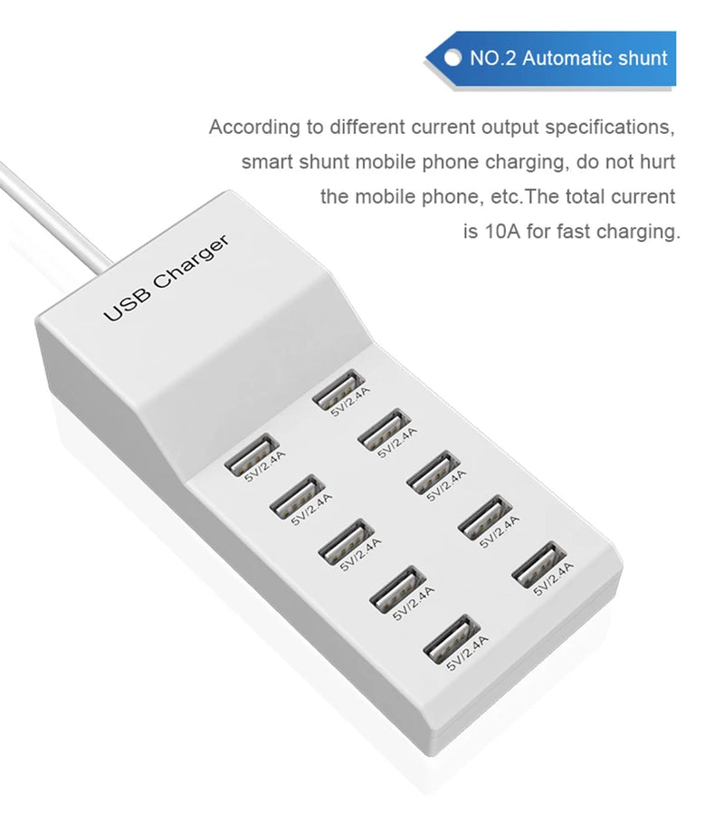 10-Port USB Charging Station with Smart Power Distribution