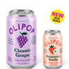 Can of OLIPOP Classic Grape soda with a purple label featuring a grape illustration.