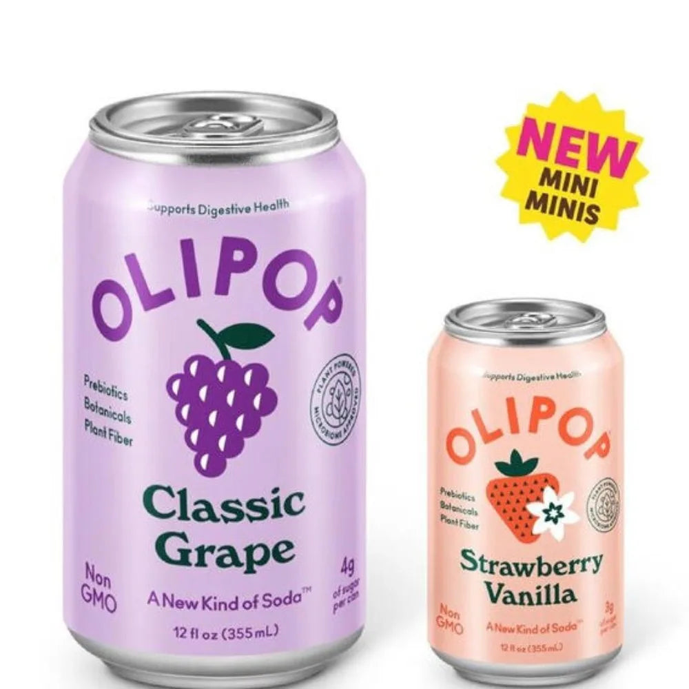 Can of OLIPOP Classic Grape soda with a purple label featuring a grape illustration.