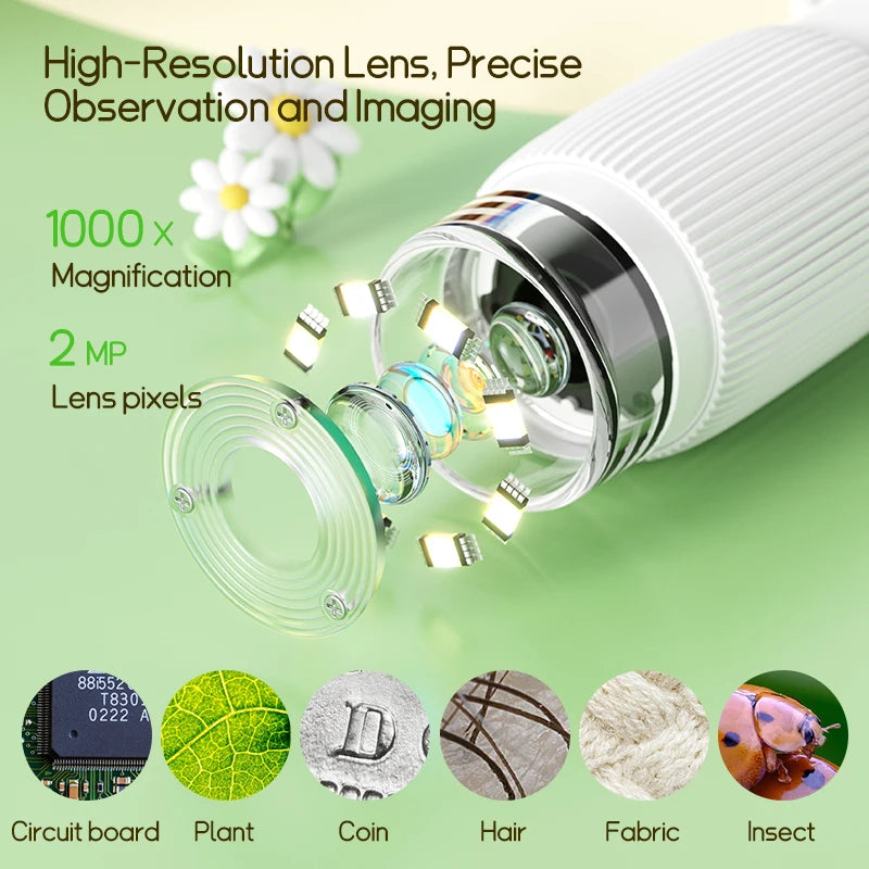 Portable Kids Microscope with 2-Inch IPS Screen and 1000x Zoom