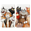 A set of two cartoon cat kitchen towels featuring various feline characters in watercolor style.