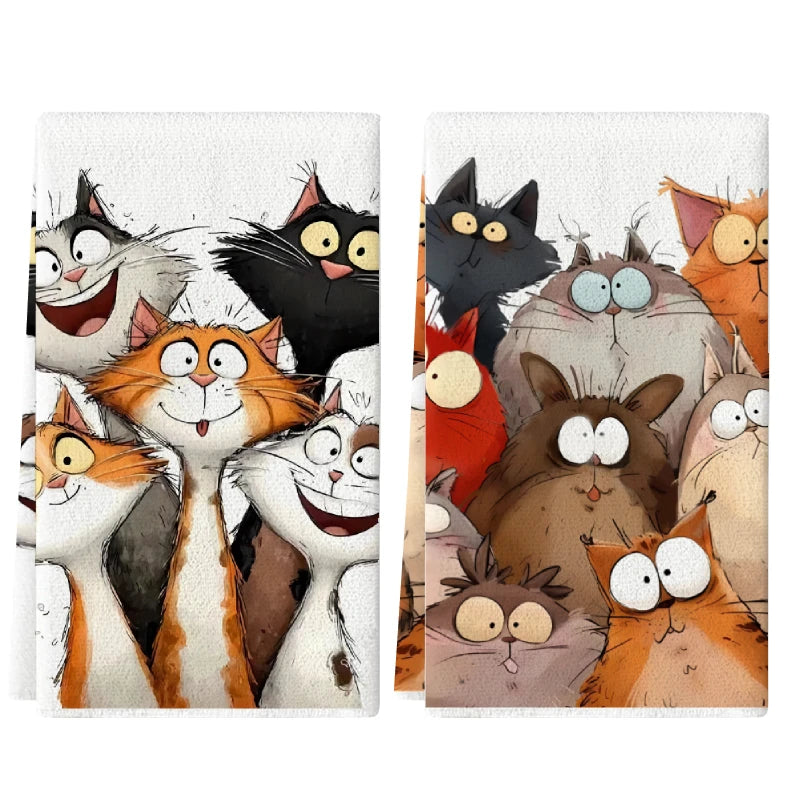 A set of two cartoon cat kitchen towels featuring various feline characters in watercolor style.