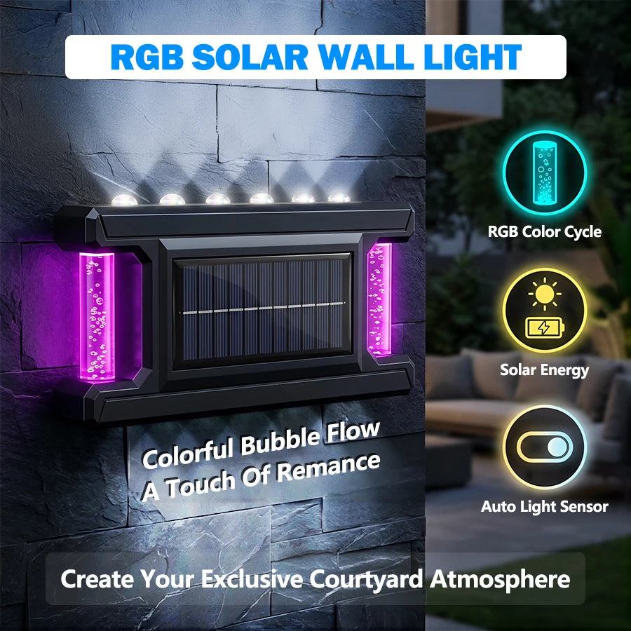 An RGB solar wall light mounted on a stone surface, featuring a solar panel and colorful illumination.