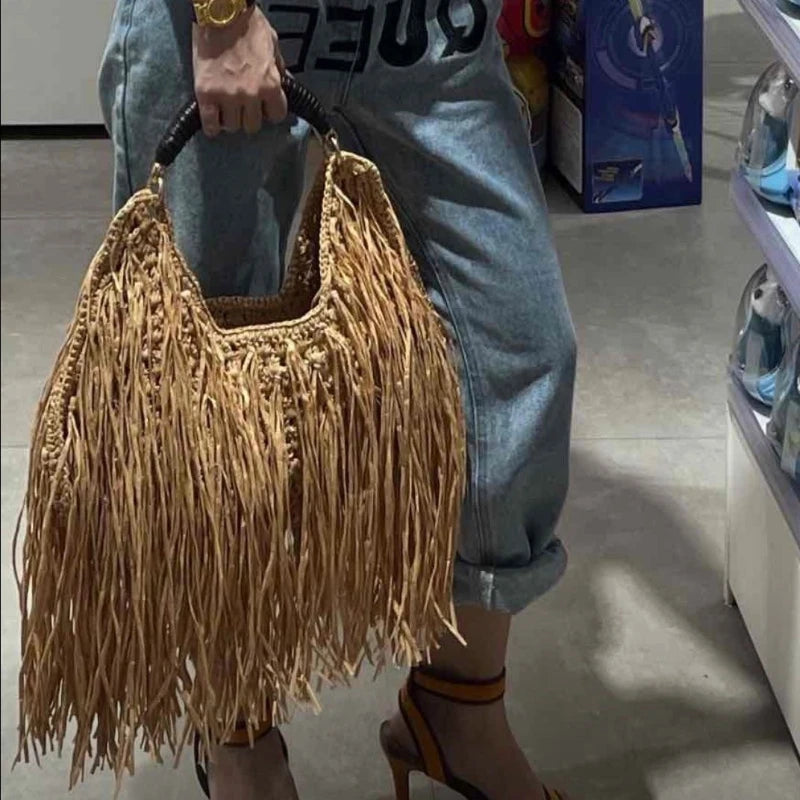 Bohemian Fringe Straw Tote Bag