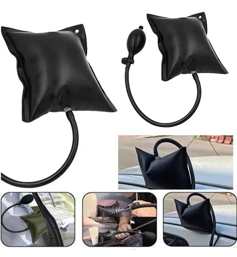 Black inflatable air wedge tool used for repairing car doors and windows.