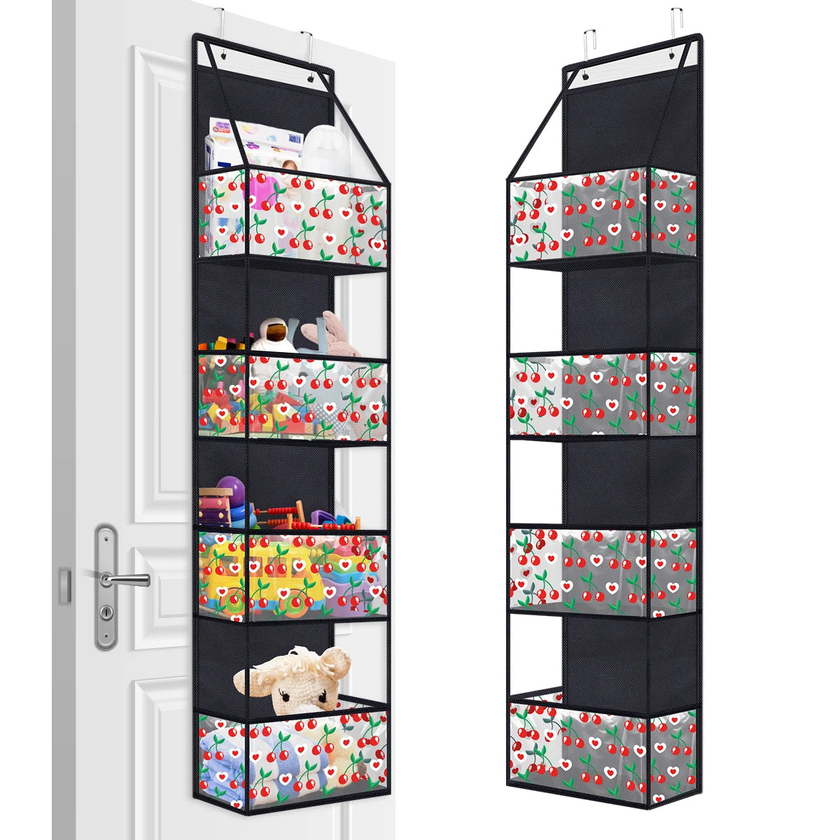 A tall black over-the-door hanging organizer with multiple clear compartments for storage.
