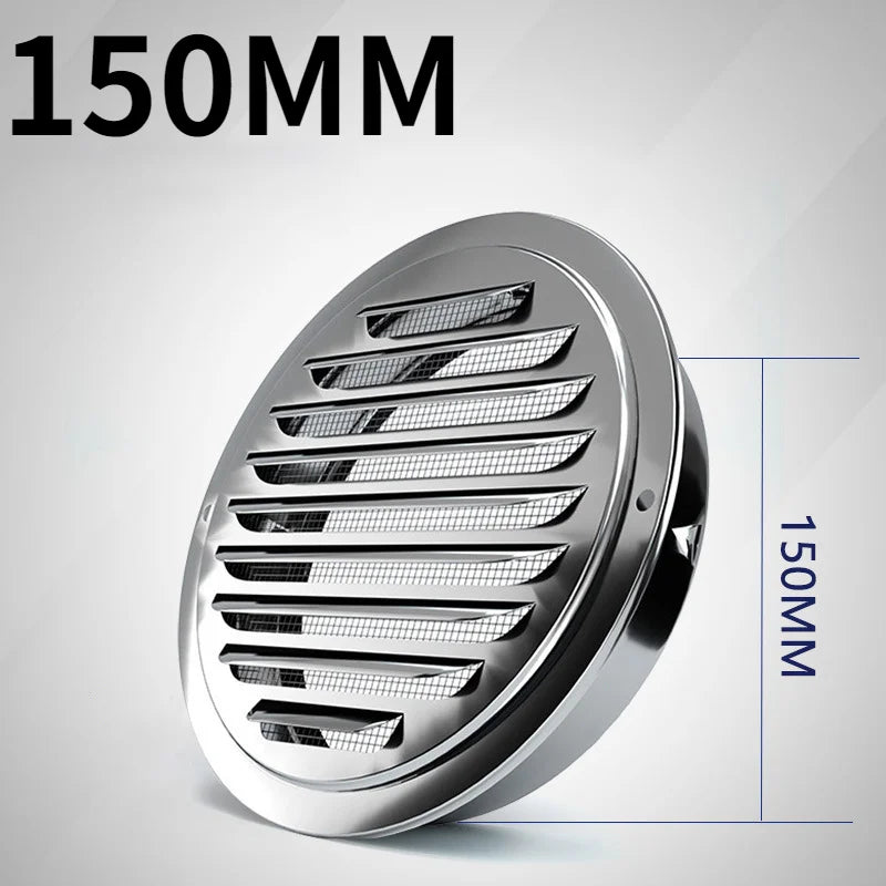 A close-up view of a round stainless steel ventilation grille with parallel slats, labeled 150MM.