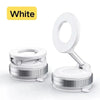 A white magnetic phone mount with a rotating ring and dual vacuum suction cups.