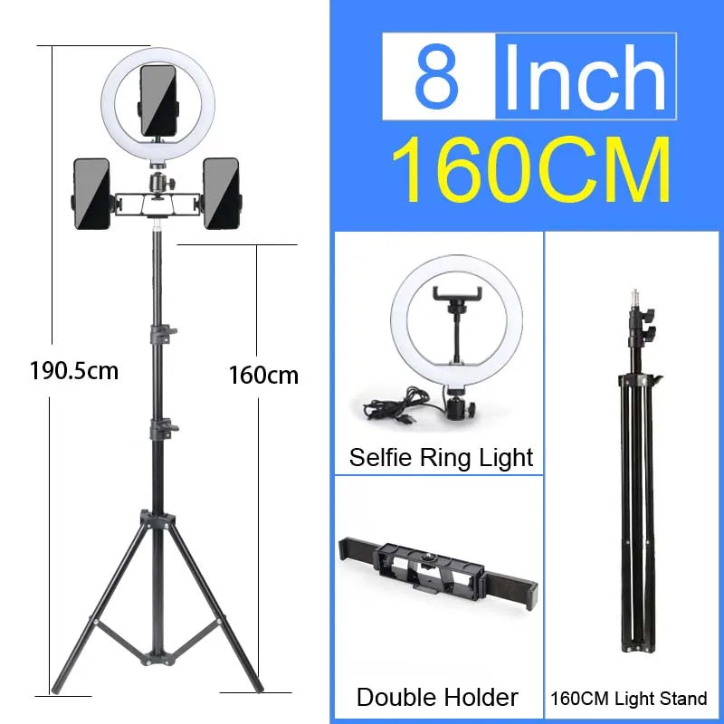 Adjustable 8 inch selfie ring light with tripod and double holder for streaming and video calls