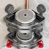 A set of two stainless steel, no-drill shower caddies with suction cups mounted on a tiled wall.