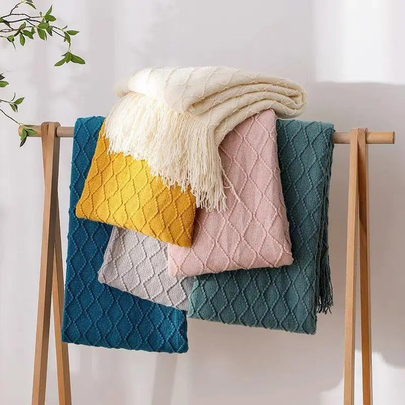 Khaki Knitted Throw Blanket with Tassels