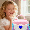 A pink makeup bag for a girl featuring a butterfly design and heart accents.