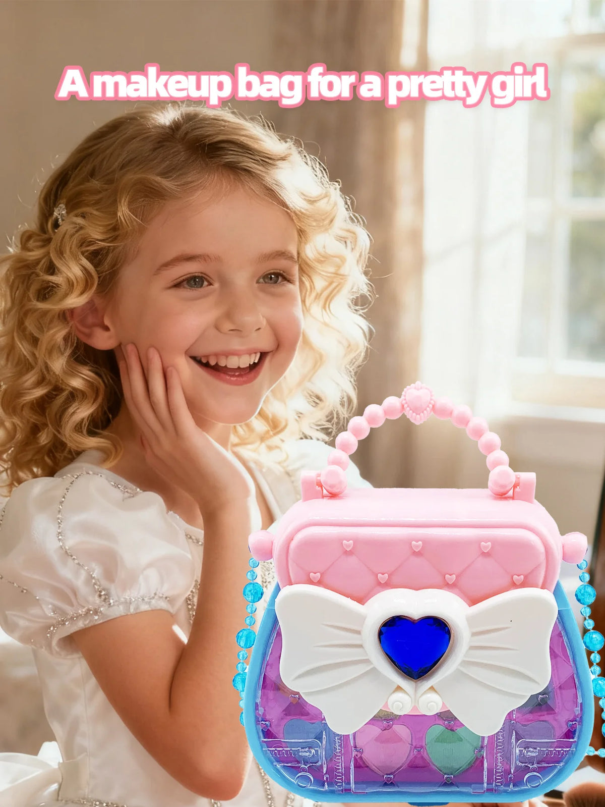 A pink makeup bag for a girl featuring a butterfly design and heart accents.