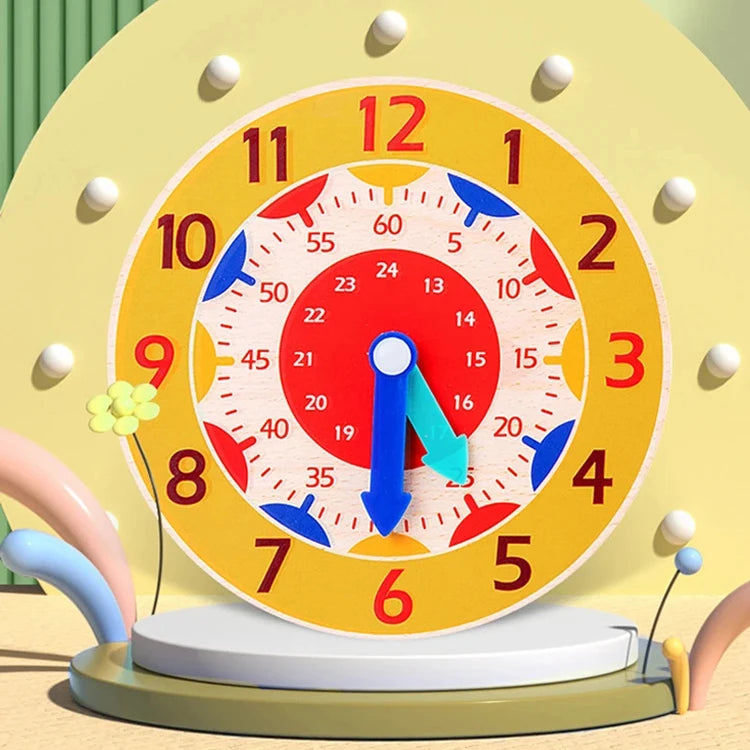 A wooden clock face with colorful markers and hands is displayed on a stand for educational learning.