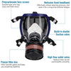A blue full face respirator mask featuring a polycarbonate face screen, a reticular fixed headband, and a build-in double suc