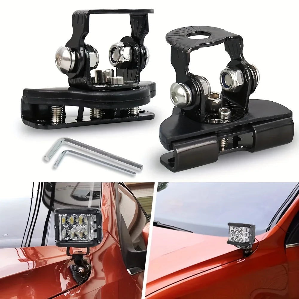 Two black mounting brackets for universal stainless steel LED work lights, shown with separate components and installed in a 