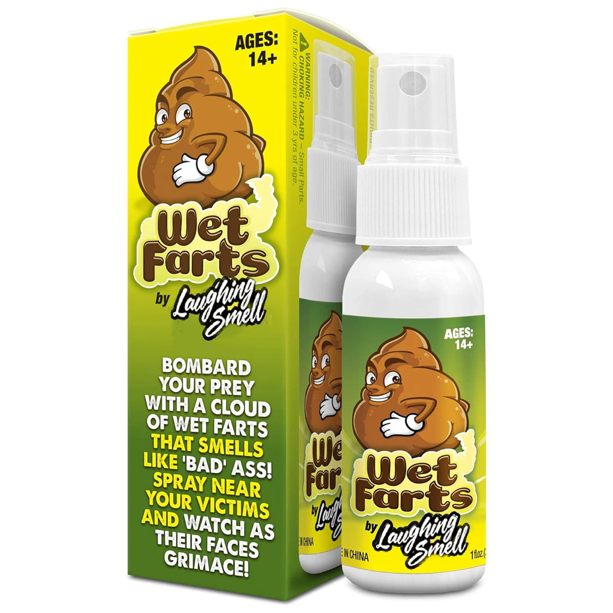 A yellow and green bottle of Wet Farts by Laughing Smell extra-strength stink spray for pranks.